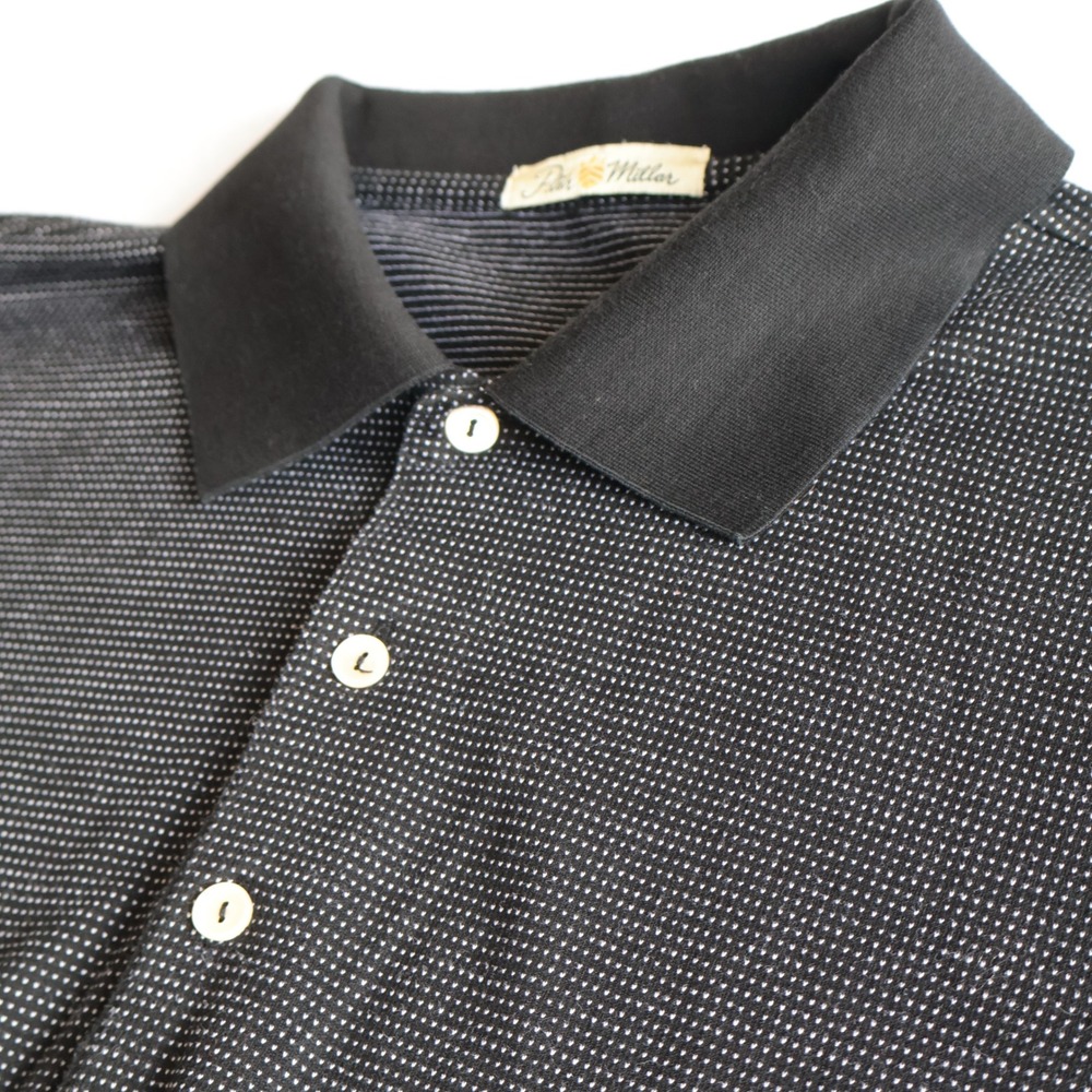 Peter Millar Men Large Black White Micro Dot Double Mercerized Cotton Polo Shirt